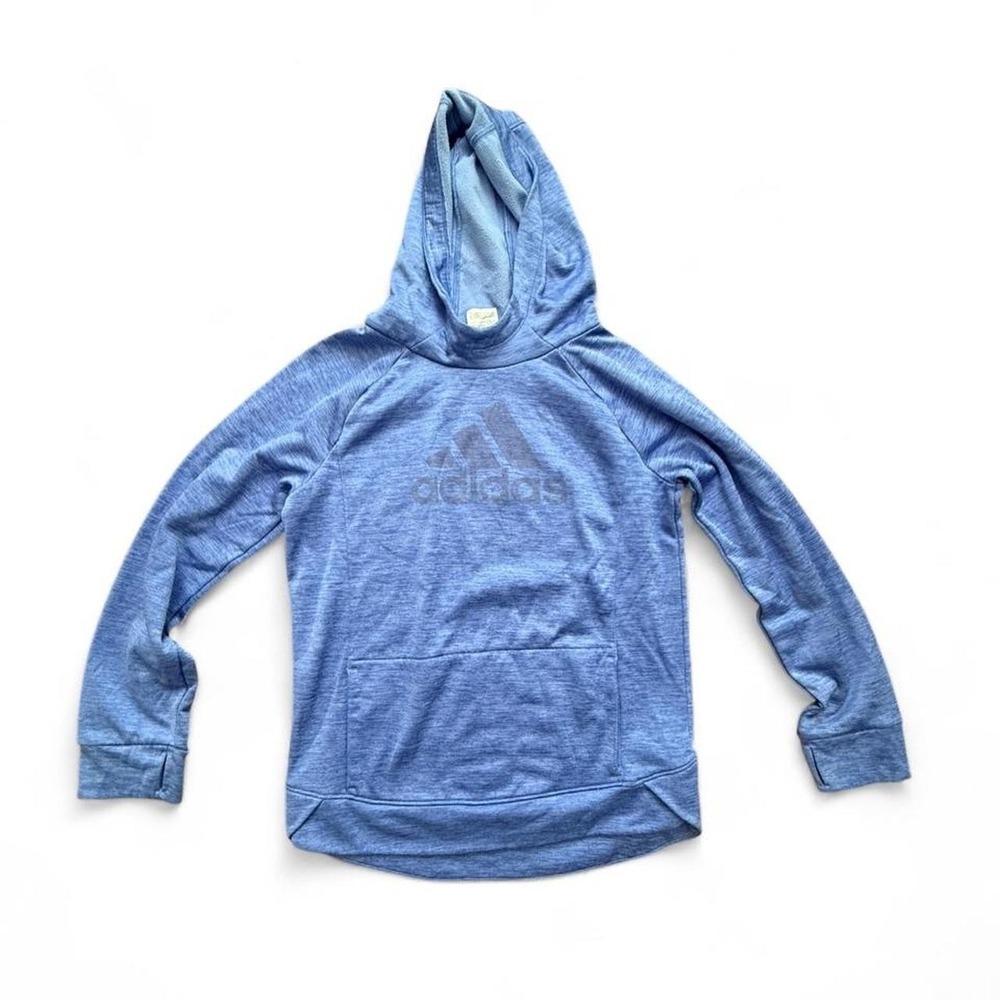 Adidas Youth XL 16 Blue Heather Logo Pullover Hoodie Kangaroo Pocket